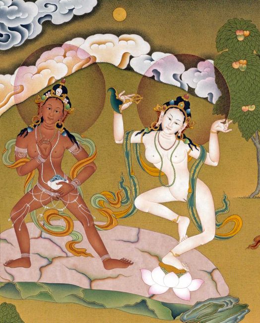 第三十五位尊者 美卡拉尊者 །གུ་རུ་མེ་ཁ་ལ་ལ་ན་མོ།（左）、第三十六位尊者 噶納卡拉尊者 །གུ་རུ་ཀ་ན་ཁ་ལ་ལ་ན་མོ།（右）